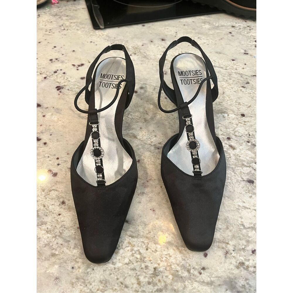 Mootsies Tootsies Mopatlay Black Satin Bejeweled Sling Back Pumps sz 7.5 NWOT